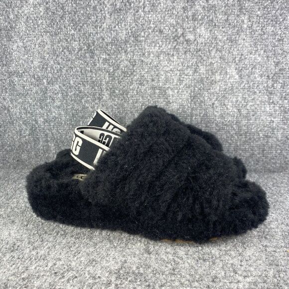 UGG Shoes - UGG Fluff Yeah Slides Womens 6 Black Sheepskin Faux Fur Slip On Slippers Shoes